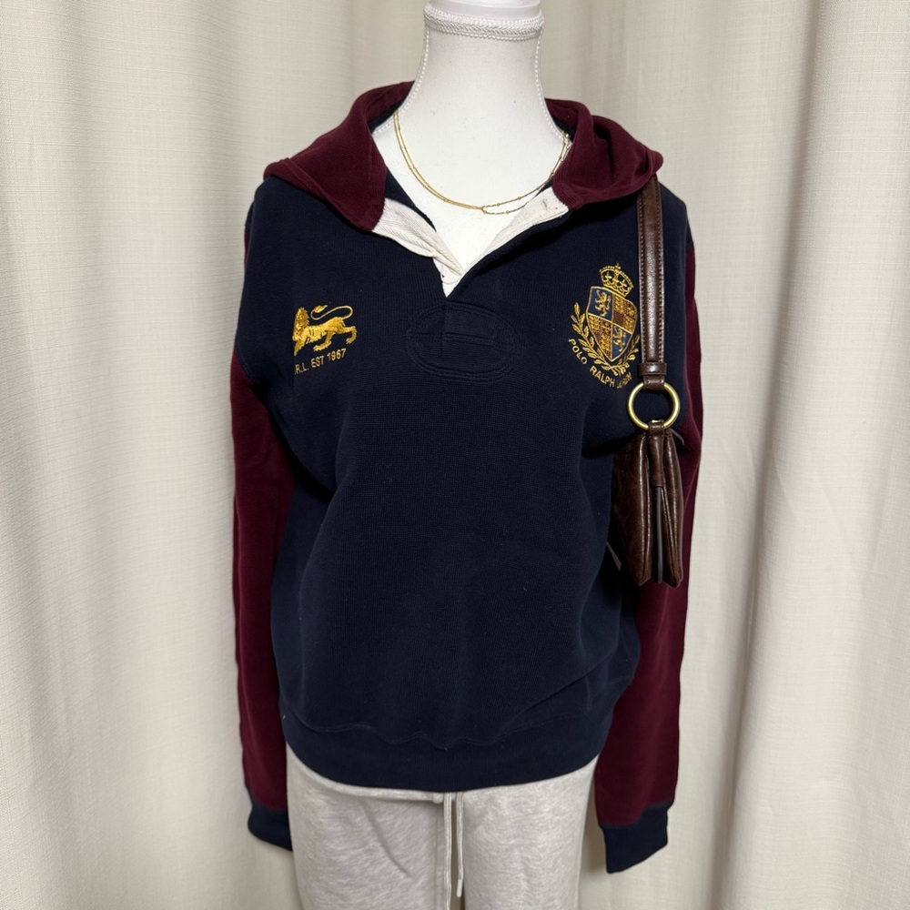 POLO RALPH Rauren Navy and Burgundy Rugby half zip Hoodie